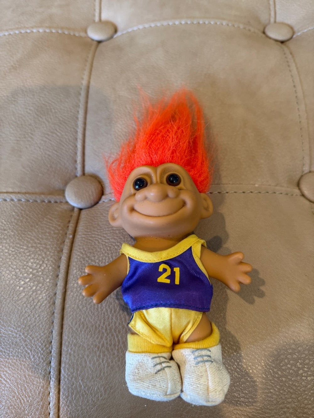 Vintage troll by Russ in Lakers jersey number 21 5 inches tall orange hair